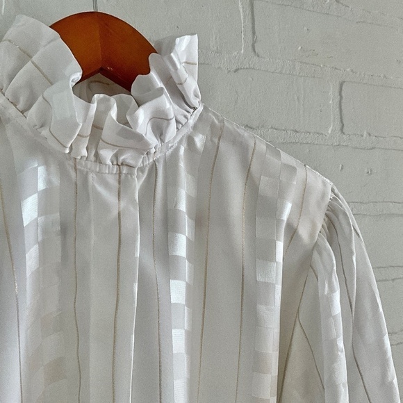 Vintage blouse damier Ruffled Retro Elegance MCM Mad men Cream Gold 16 - Picture 7 of 13